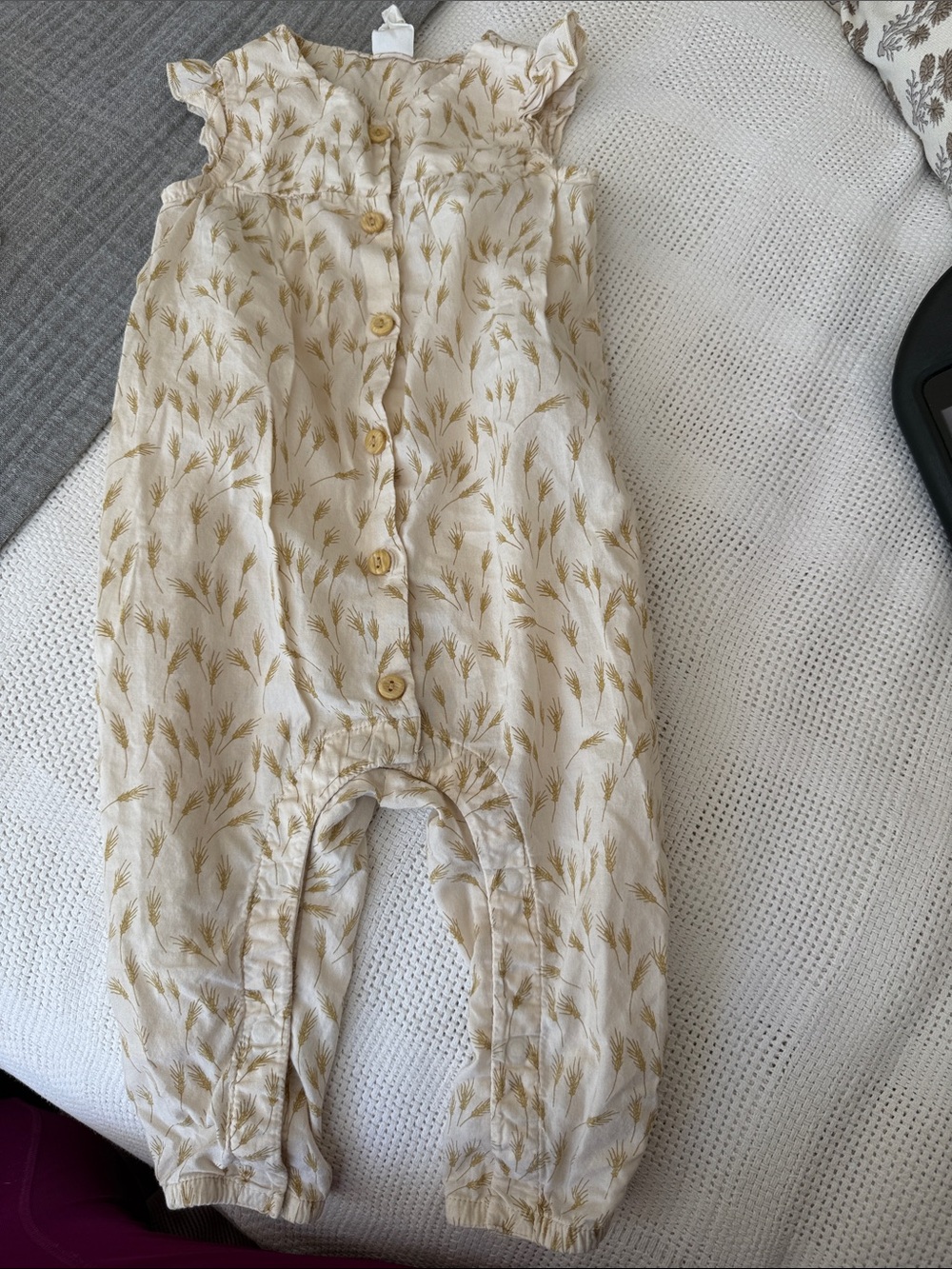 Cream Wheat-Print Girls Romper